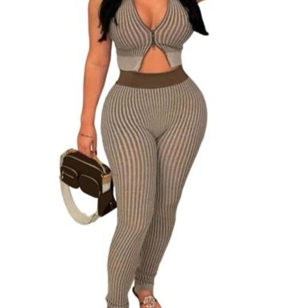Uni Clau 2 Piece Outfit for Women Sexy Zipper Crop Top Bodycon Pants Set